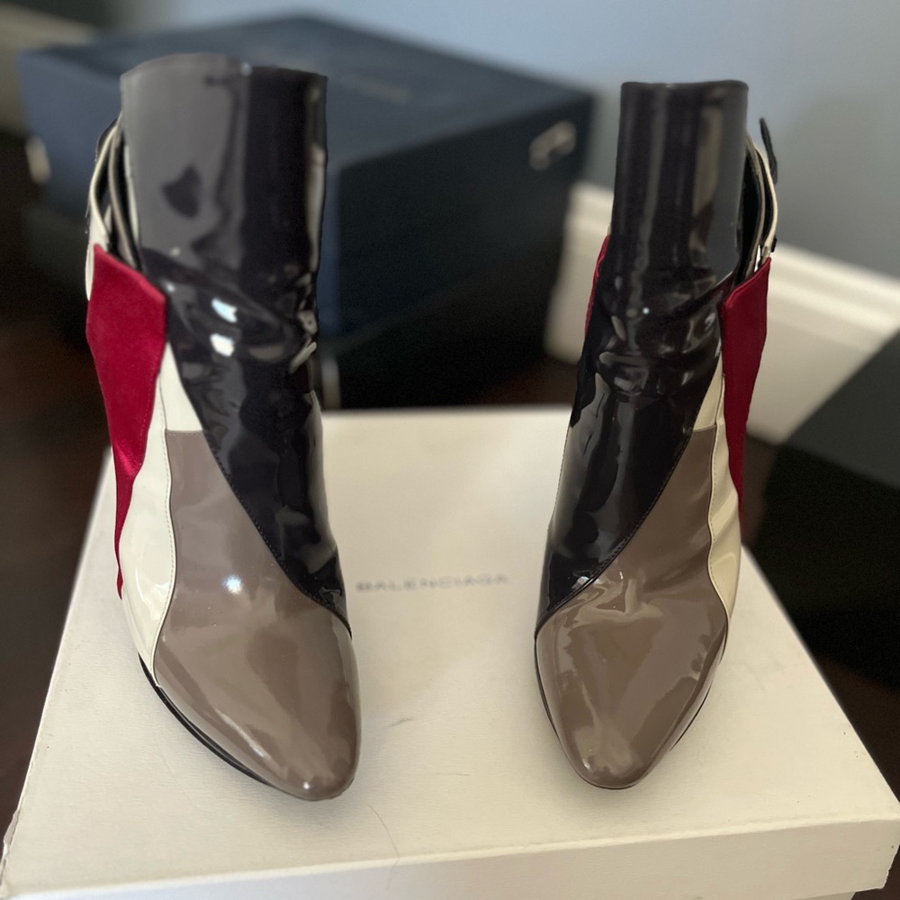 Balenciaga patent leather high heel booties.